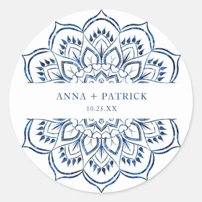 Sticker Rond Mandala métallique bleu élégant personnalisé (Devant)
