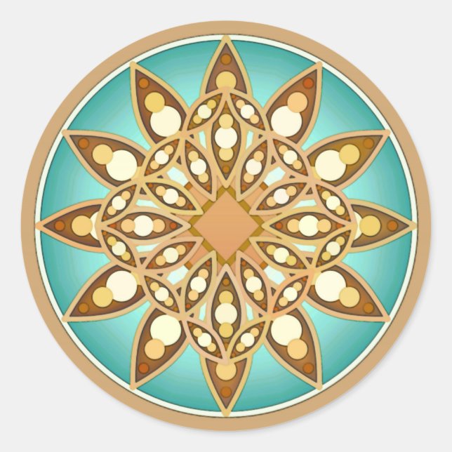 Sticker Rond Mandala motif en bronze, crème et turquoise (Devant)