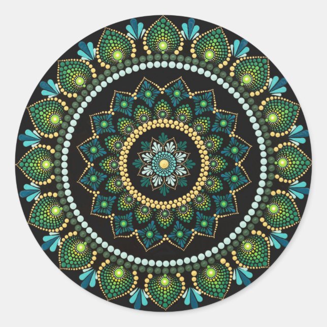 Sticker Rond Mandala vert | Peint main | Géométrie sacrée (Devant)