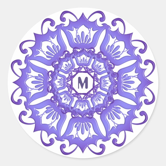 Sticker Rond Mandala violet floral. Monogramme. (Devant)