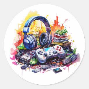 Sticker Rond Manette de jeu vidéo, Casque audio, Bandes dessiné