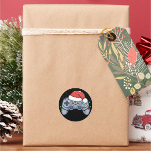 Sticker Rond Manette de jeu vidéo chapeau de Noël Santa Gamer