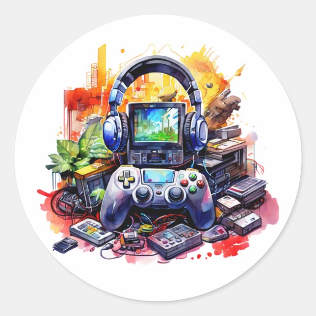 Sticker Rond Manette de jeu vidéo et écouteurs  (Devant)