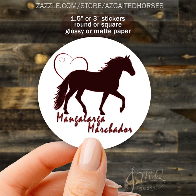 Sticker Rond Mangalarga Marchador Cheval Silhouette Coeur (Round sticker with Mangalarga Marchador horse silhouette, heart outline, text “Mangalarga Marchador")