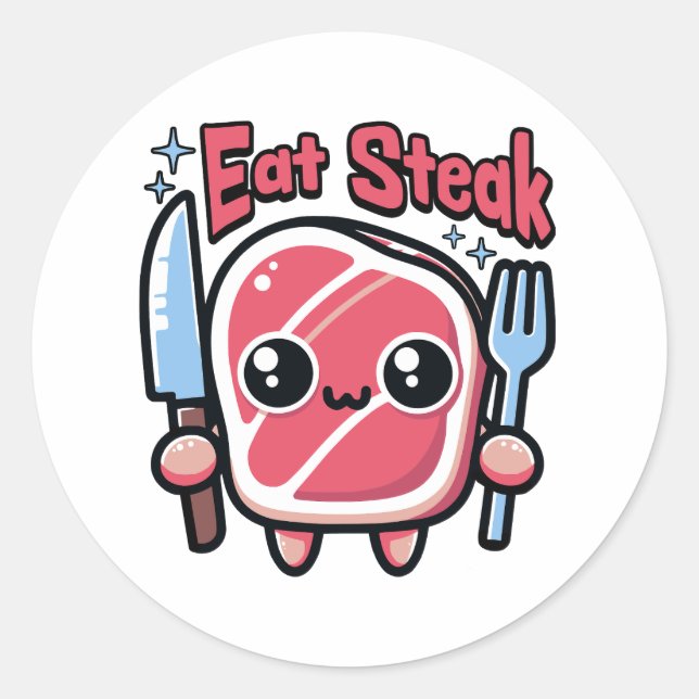Sticker Rond Mange du steak ! Cartoon Cute Steak (Devant)