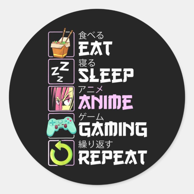 Sticker Rond Manger Sleep Anime Jeu Répétition Kawaii Otaku Ani (Devant)