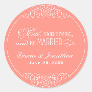Sticker Rond Mangez boire et être marié Coral Mariage Monogramm
