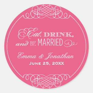 Sticker Rond Mangez Boire et être marié Mariage rose Monogramme