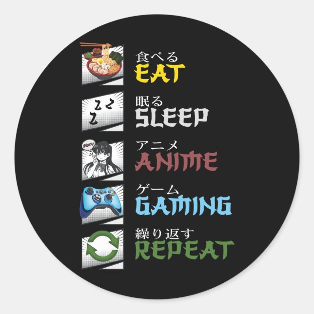 Sticker Rond Mangez Sleep Anime Jeu Répéter Otaku Gamer Japonai (Devant)