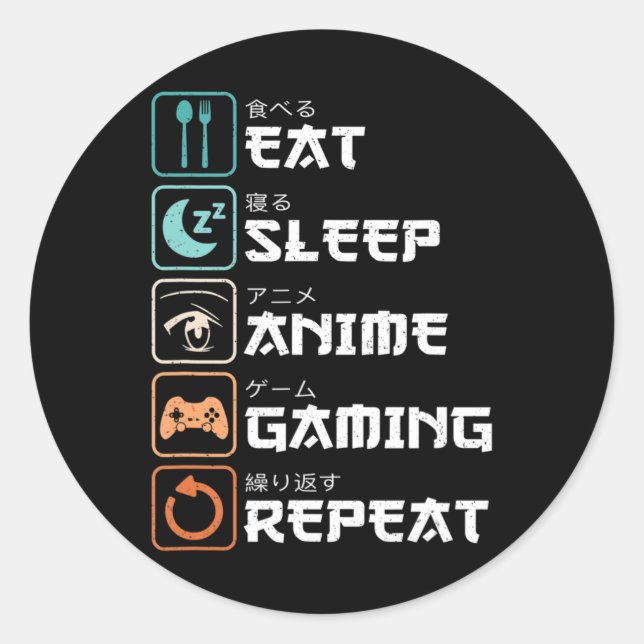 Sticker Rond Mangez Sleep Anime Jeu Répétez Fun Otaku Gamer (Devant)