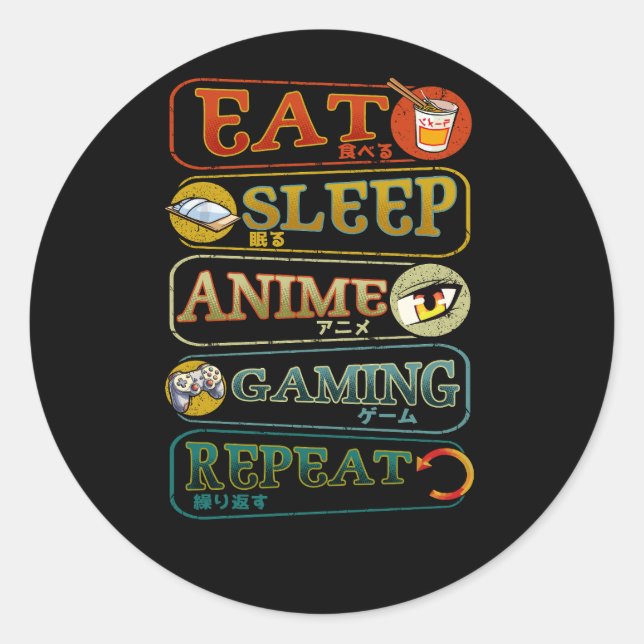 Sticker Rond Mangez Sleep Anime Jeu Répétez Gamer Vidéo japonai (Devant)