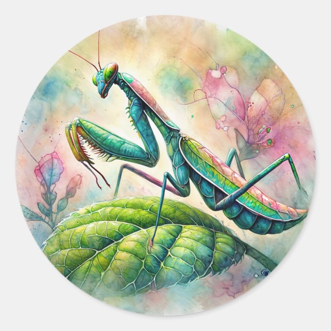 Sticker Rond Mantis De Prière Sur L'Aquarelle Feuille (Devant)