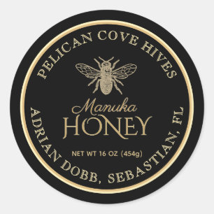 Sticker Rond Manuka Honey Black Dark Gold Vintage Bee