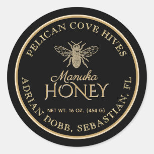 Sticker Rond Manuka Honey Black Gold Vintage Bee Produit Étique