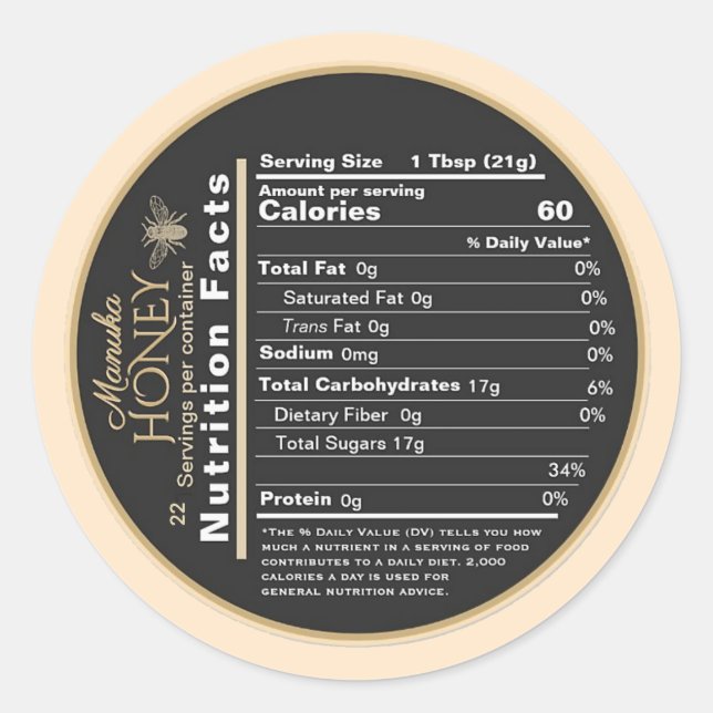 Sticker Rond Manuka Miel Mini valeur nutritive avec abeille Vin (Devant)