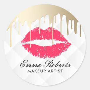 Sticker Rond Maquillage Artiste Gold Drips Red Lips Beauty Salo