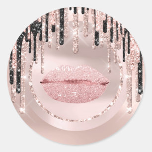 Sticker Rond Maquilleuse Kiss Lips Artiste Drips Rose Paillette