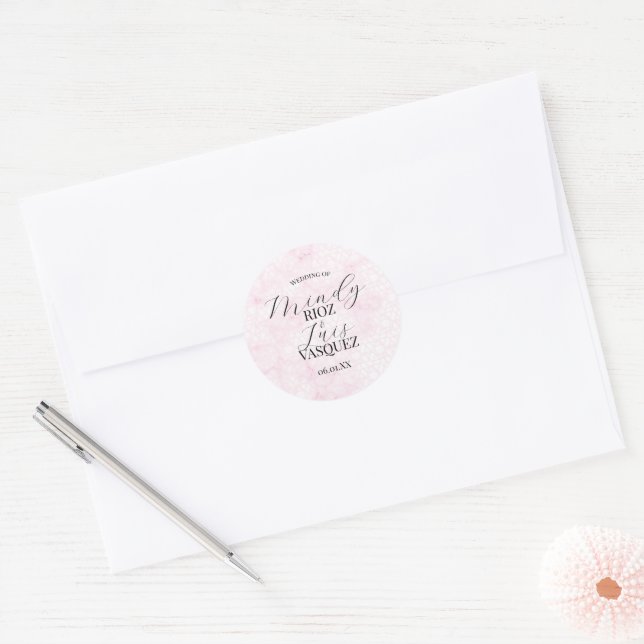 Sticker Rond Marble Abstract Pink Wedding Script Black  (Enveloppe)