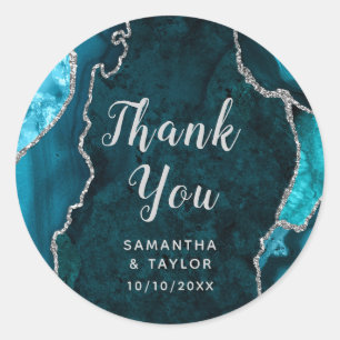 Sticker Rond Marbre Agate Bleu Vert et Argent Remerciements Mar