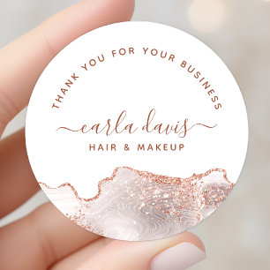 Sticker Rond Marbre Blanc Chic Agate Or Rose Pailleté Merci