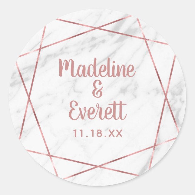 Sticker Rond Marbre blanc Rose Gold Triangle Monogramme Mariage (Devant)