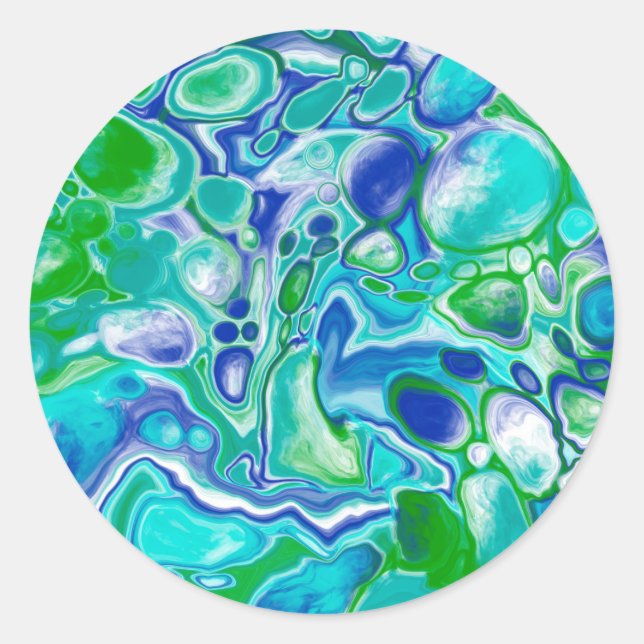 Sticker Rond Marbre bleu et vert Fluid Art Abstrait (Devant)