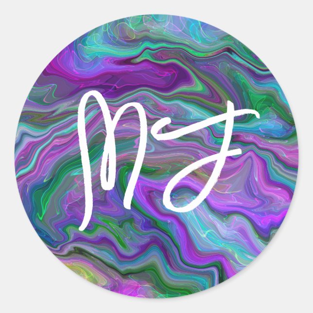 Sticker Rond Marbre bleu et violet monogramme (Devant)