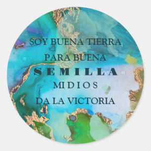 Sticker Rond Marbre bleu violet or Texte espagnol