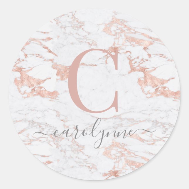Sticker Rond Marbre de fille et Rose chic Monogramme d'huile d' (Devant)