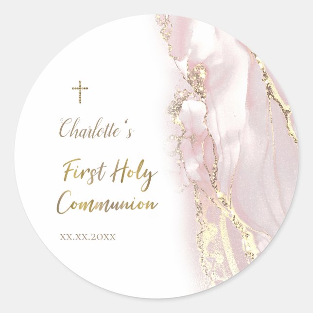Sticker Rond marbre de fluide rose Première Communion (Devant)