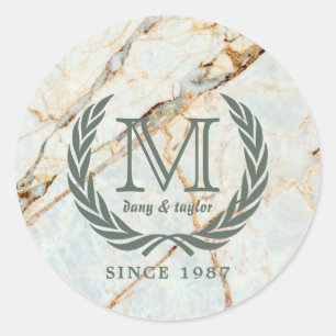 Sticker Rond Marbre de monogramme classique de feuille de