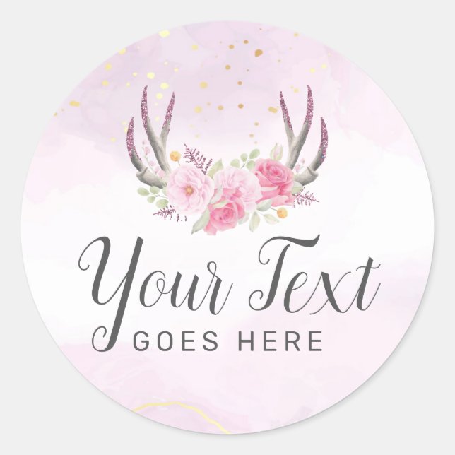 Sticker Rond Marbre d'or rose rousse Rustique Floral Antlers Ch (Devant)