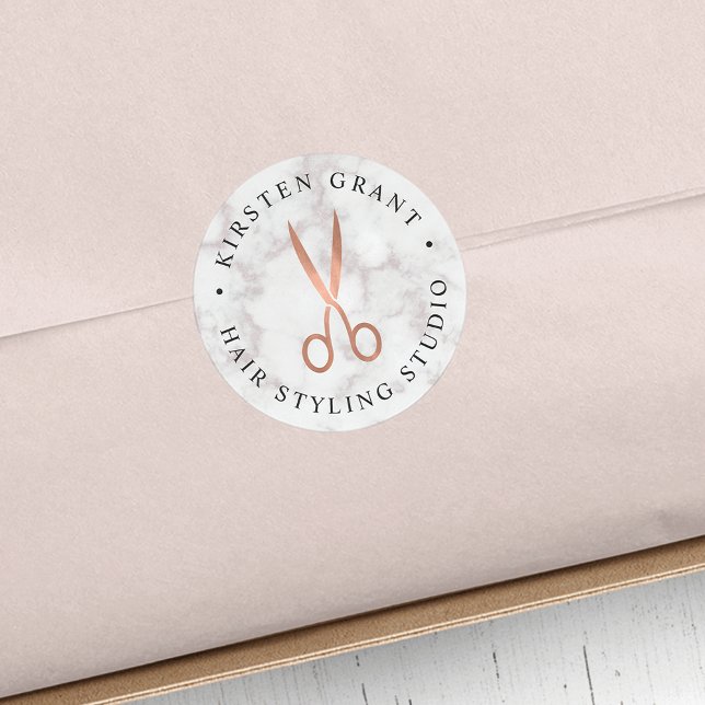 Sticker Rond Marbre et Rose Ciseaux d'or Logo du salon (Créateur téléchargé)