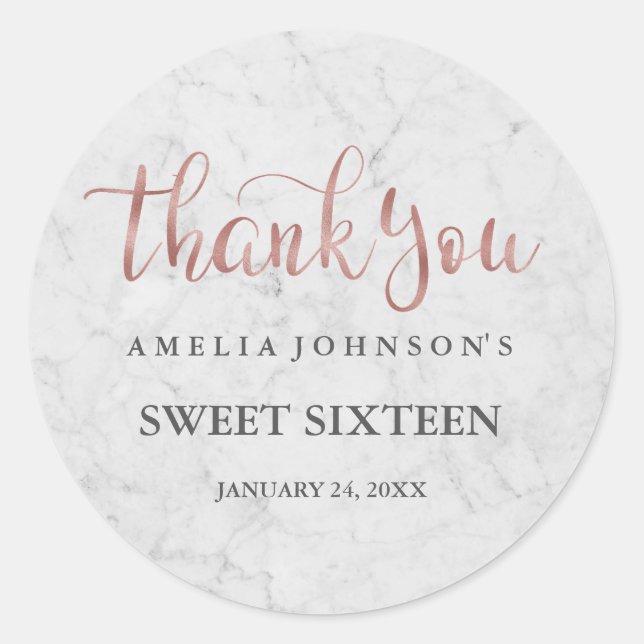Sticker Rond Marbre Faux Rose Merci d'or Sweet sixteen (Devant)