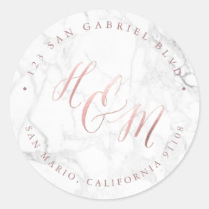 Sticker Rond Marbre Faux Rose or Calligraphie Ampersand