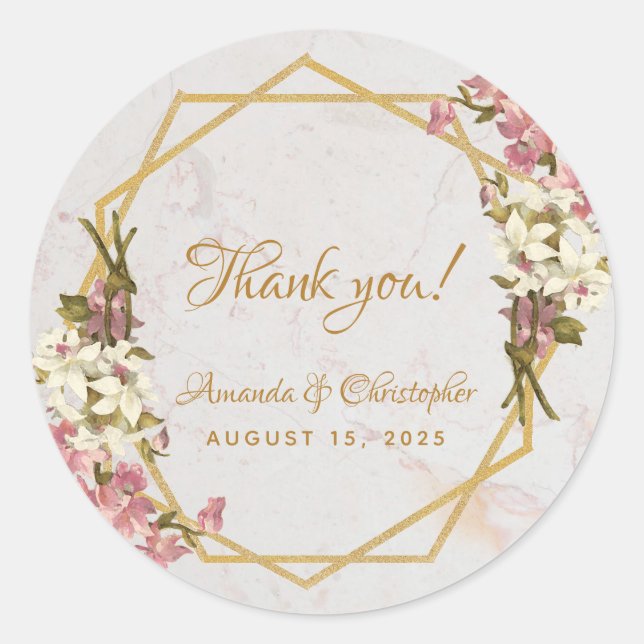 Sticker Rond Marbre géométrique floral Or Orchidées mariage Fav (Devant)