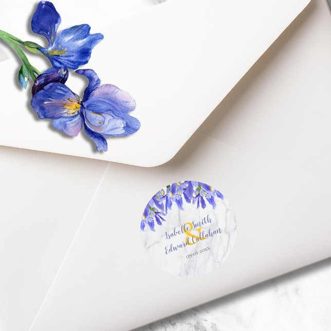 Sticker Rond Marbre gris moderne Royal Blue Iris motif floral (Créateur téléchargé)