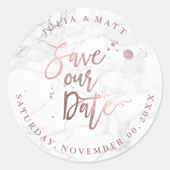 Sticker Rond Marbre PixDezine Enregistrer la date/Faux Rose Gol (Devant)