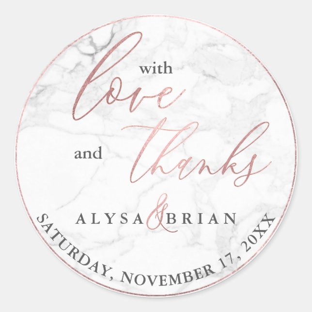 Sticker Rond Marbre PixDezine/Faux Rose Gold Love+Thanks (Devant)