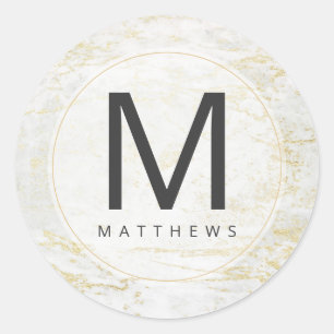 Sticker Rond Marbres modernes en blanc avec Mariage Monogramme 