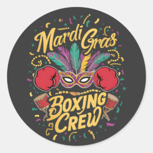 Sticker Rond Mardi Gras a mascarade animée avec Boxing Crew.