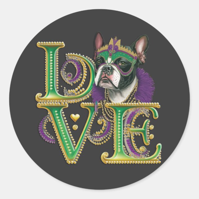 Sticker Rond Mardi Gras Boston Terrier Word LOVE Masquerade (Devant)