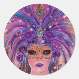 Sticker Rond Mardi Gras imaginaire femme masquée par Renee Lavo