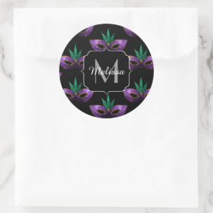 Sticker Rond Mardi Gras Masque violet vert or étincelle Monogra