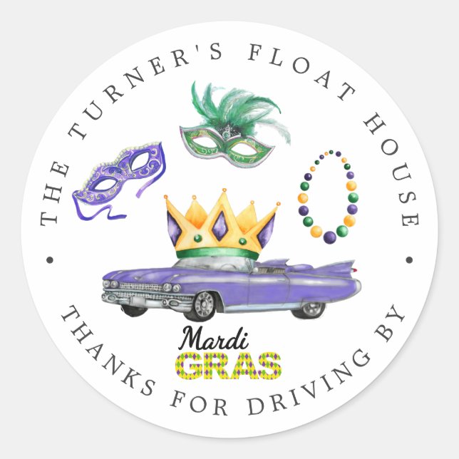Sticker Rond Mardi Gras | Parade Drive-By Jeter Merci Favor (Devant)