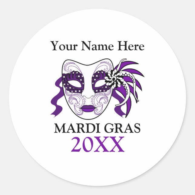 Sticker Rond Mardi Gras personnalisé avec masque de festival (Devant)
