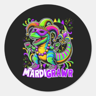 Sticker Rond Mardi Gras T Rex Dinosaur Mardi Costume de perle d