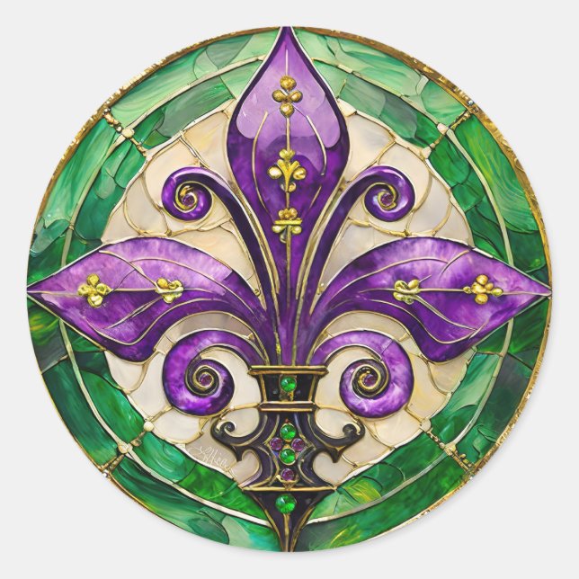 Sticker Rond Mardi Gras Vitrail Fleur de lis (Devant)