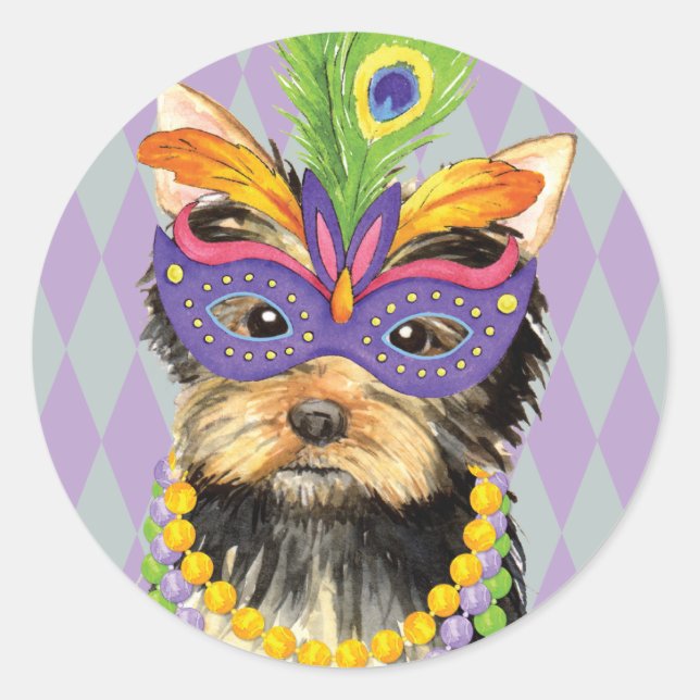 Sticker Rond Mardi Gras Yorkie (Devant)