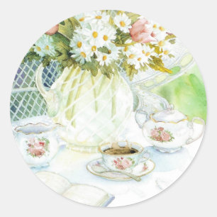 Sticker Rond Marguerites et tulipes et thé